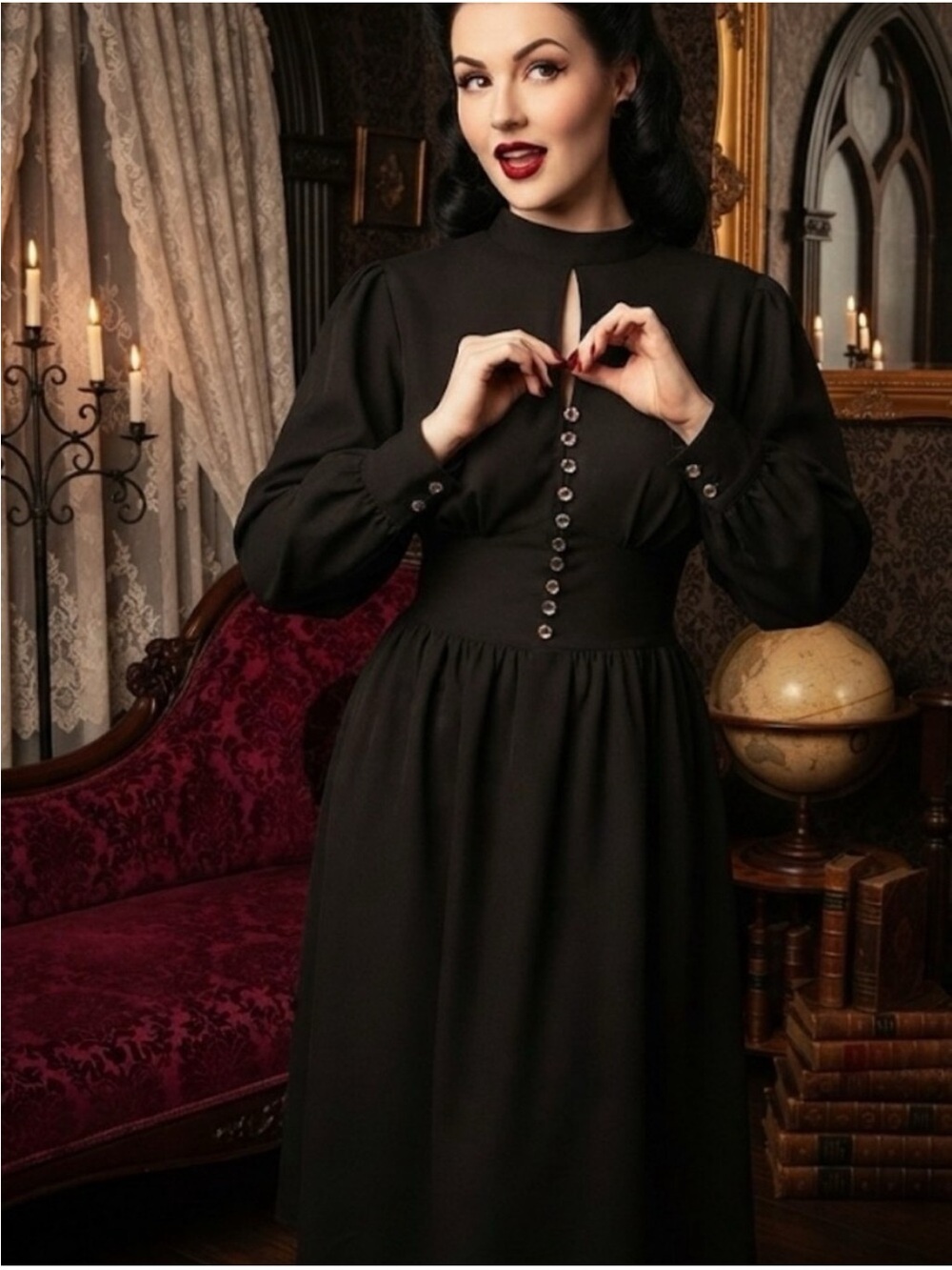 NWT Unique Vintage Black Long Sleeve Button Front Midi Dress L (10-12) Witchy